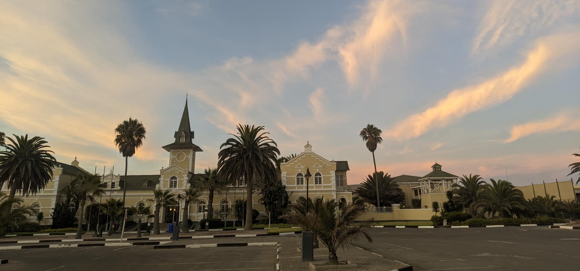 Historic Swakopmund colonial landmarks at dusk